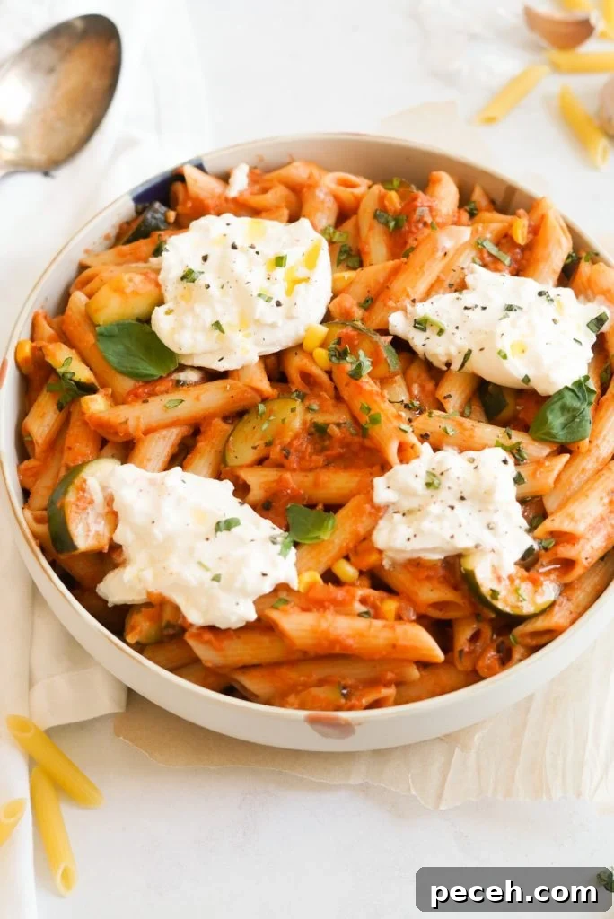 Creamy Burrata Pasta with Zucchini, Corn & Cherry Tomatoes 2 Zucchini & Corn Pasta