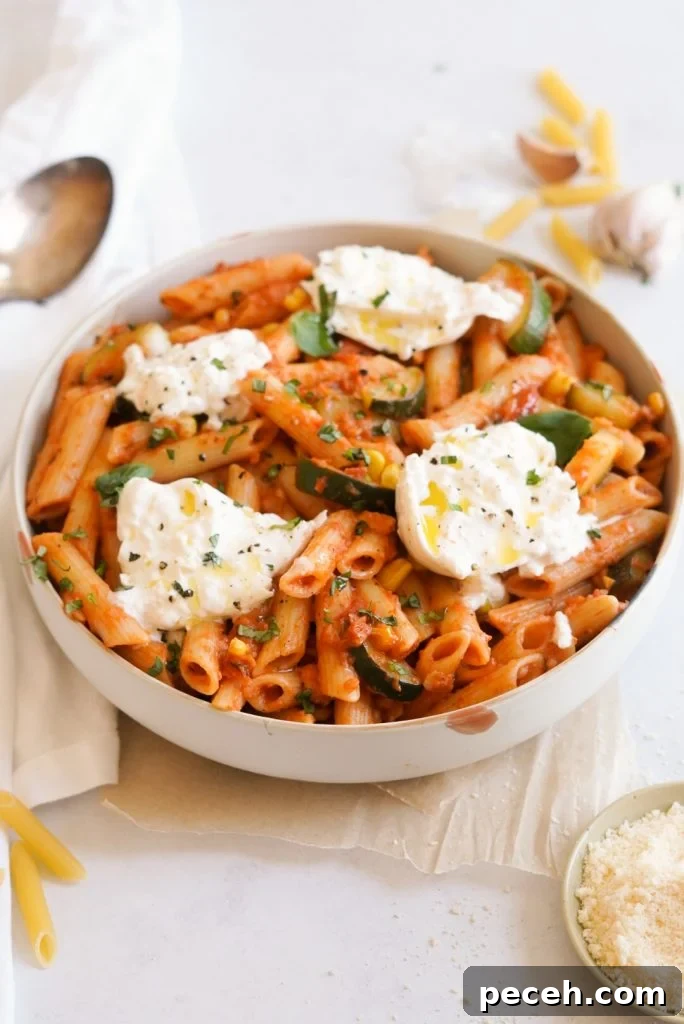 Creamy Burrata Pasta with Zucchini, Corn & Cherry Tomatoes 4 Summer Pasta Recipe