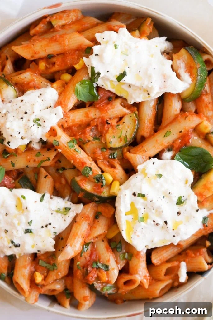 Creamy Burrata Pasta with Zucchini, Corn & Cherry Tomatoes 6 Burrata Pasta with Zucchini, Corn, and Tomatoes