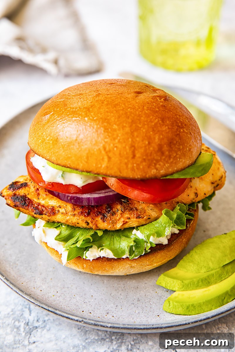 Greek Chicken Burger with Feta and Tzatziki Recipe 3 top down view of grilled chicken breast in a bun with lettuce, onion, tomato and avocado