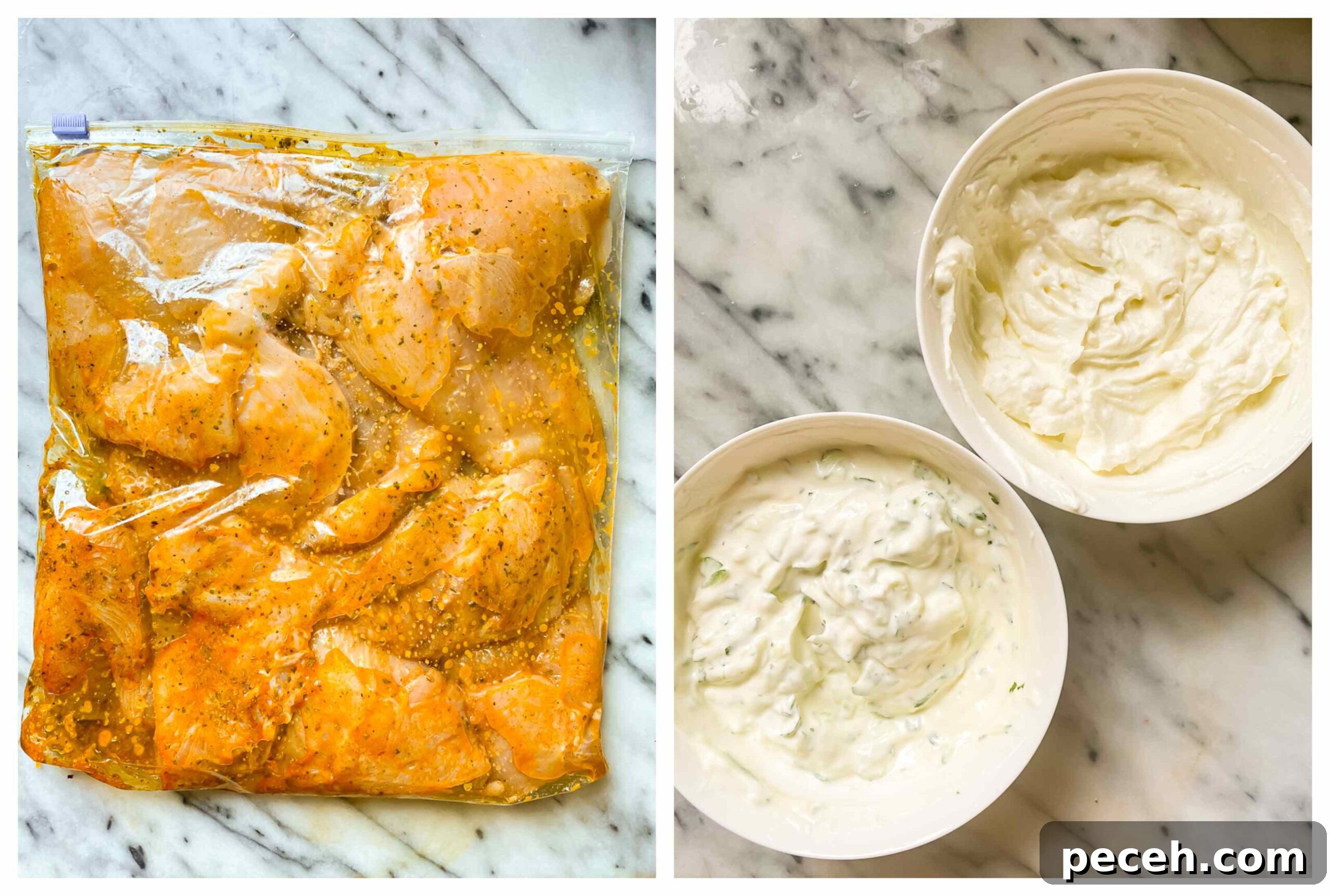 Greek Chicken Burger with Feta and Tzatziki Recipe 4 chicken breasts in a marinade in a ziploc bag, two bowls with feta spread and tzatziki