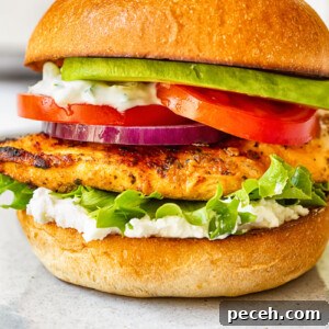 Greek Chicken Burger with Feta and Tzatziki Recipe 6 side view of grilled chicken burger with lettuce, onion, tomato and avocado