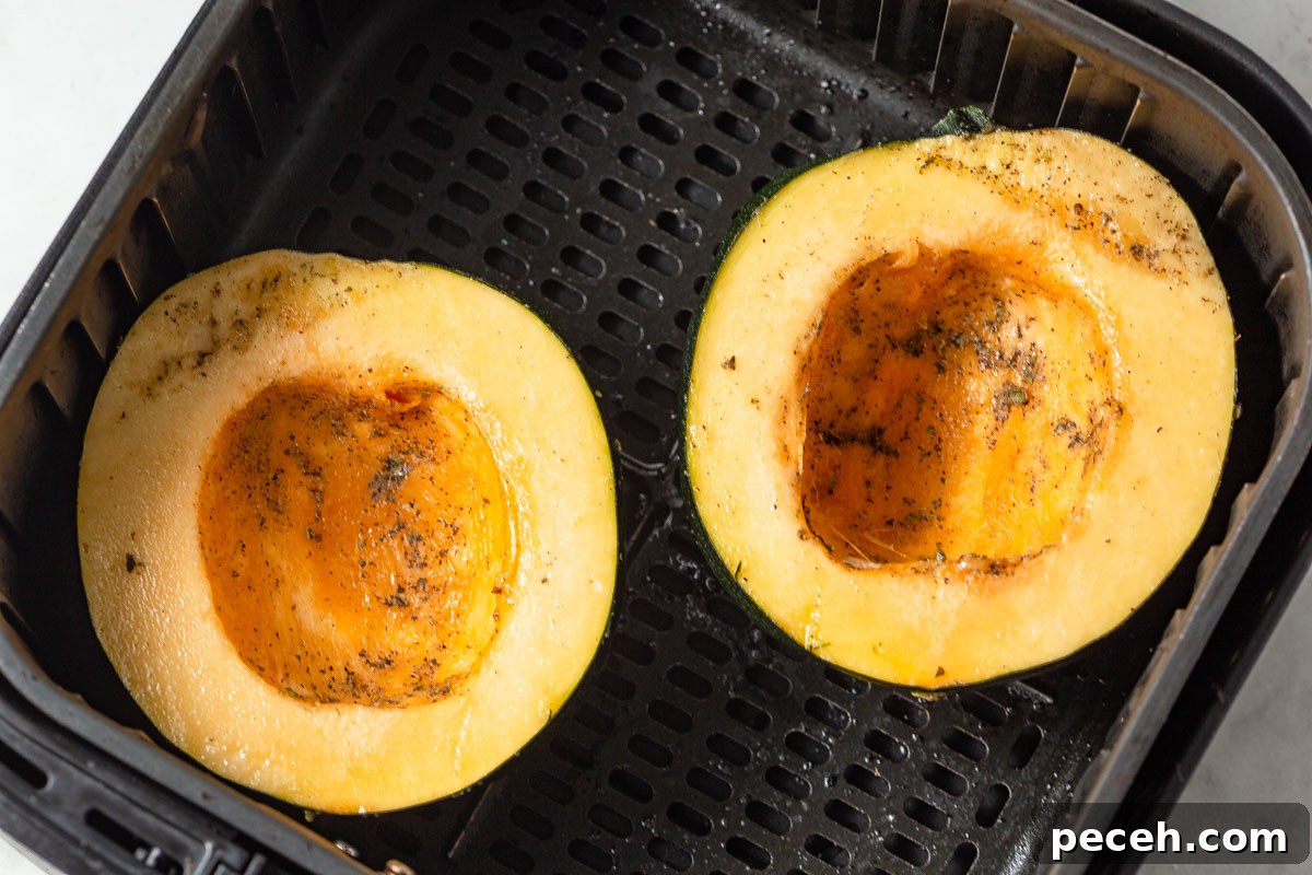 Crispy Air-Fried Acorn Squash Recipe for Fall Side Dish 7 acorn squash in the air fryer.