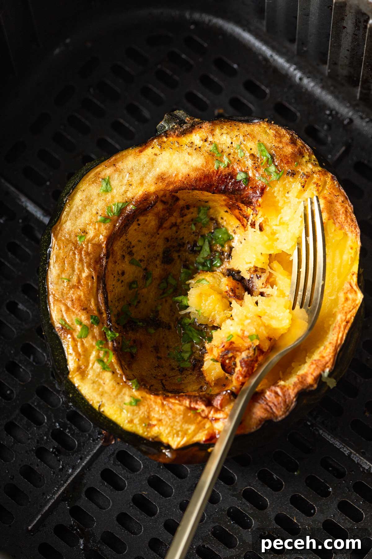 Crispy Air-Fried Acorn Squash Recipe for Fall Side Dish 9 air fried acorn squash in the air fryer with a fork.