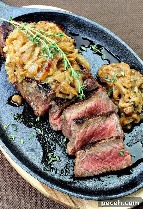 Strip Steak with Caramelized Onion Sauce and Fresh Herbs 2 strip-steak-onion-sauce-top