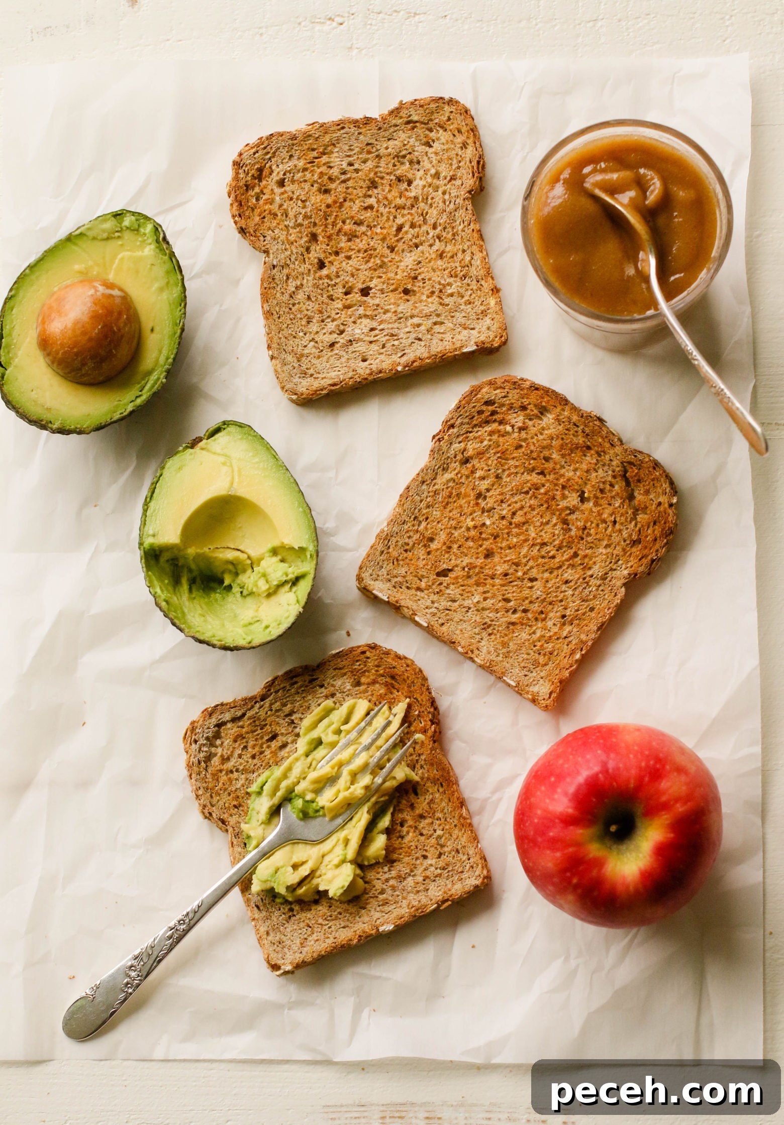 Apple Pie Avocado Toast Recipe: Cinnamon Maple Fall Breakfast 4 toasted bread topped with smashes avocado with date caramel on the side