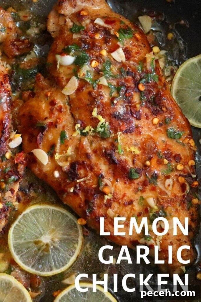 Pan-Seared Lemon Garlic Chicken Breast Recipe 3 close up image of lemon garlic chicken breast in a pan garnished with lemon slices.