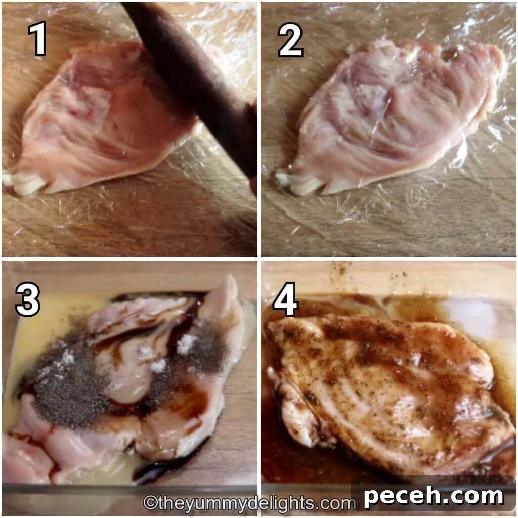 Pan-Seared Lemon Garlic Chicken Breast Recipe 5 collage image of 4 steps showing how to make lemon garlic chicken. It shows marinating the chicken breasts.