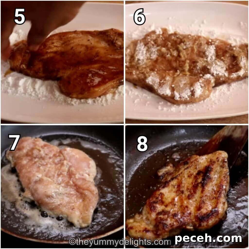 Pan-Seared Lemon Garlic Chicken Breast Recipe 6 collage image of 4 steps showing coating the chicken with flour and pan-frying them to make lemon garlic chicken.