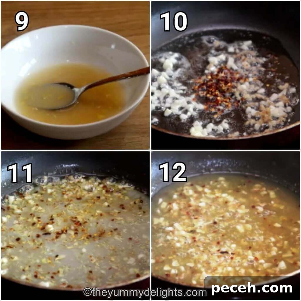Pan-Seared Lemon Garlic Chicken Breast Recipe 7 collage image of 4 steps showing making the lemon garlic sauce and cooking it.