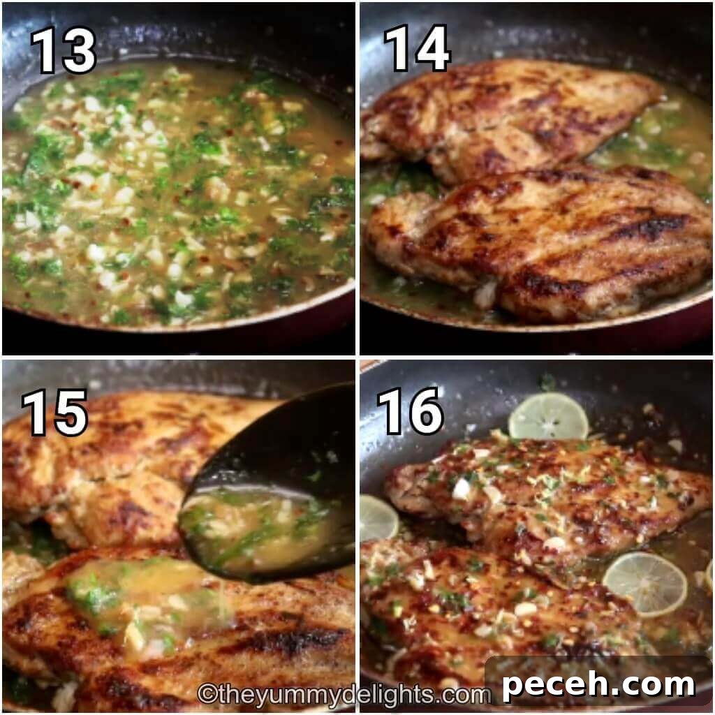 Pan-Seared Lemon Garlic Chicken Breast Recipe 8 collage image of 2 steps showing pouring the lemon garlic sauce over chicken breasts