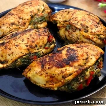 4 mediterranean stuffed chicken. Juicy chicken breast stuffed with spinach, bell peppers, garlic, feta cheese, and herbs.