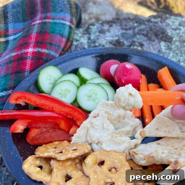 Homemade Hummus: Classic Chickpea or Creamy White Bean Recipe 5 carrot dipped in hummus next to veggies and crackers outside