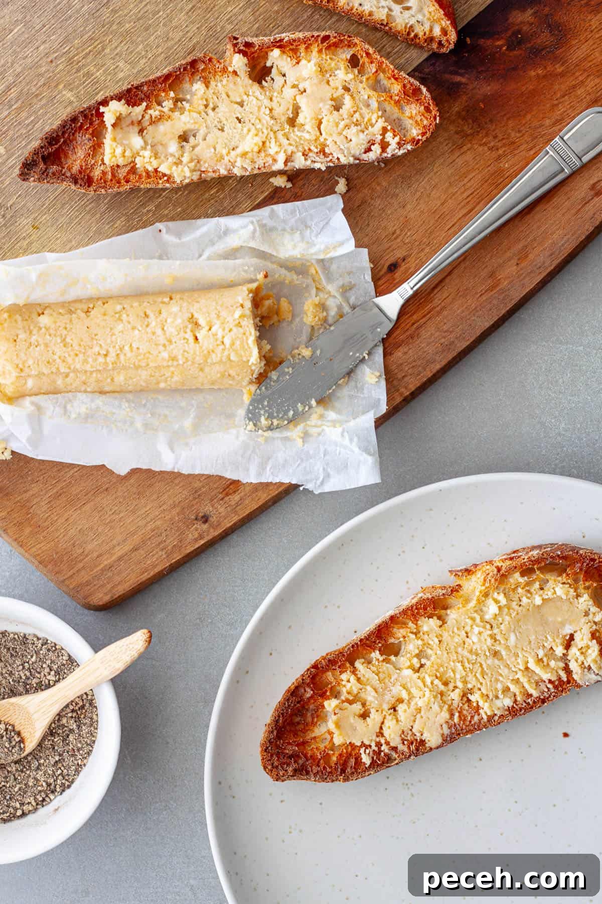 Savory Miso Butter Recipe for Bread, Veggies, and Steak 9 Pieces of toast with homemade miso butter spread on top.