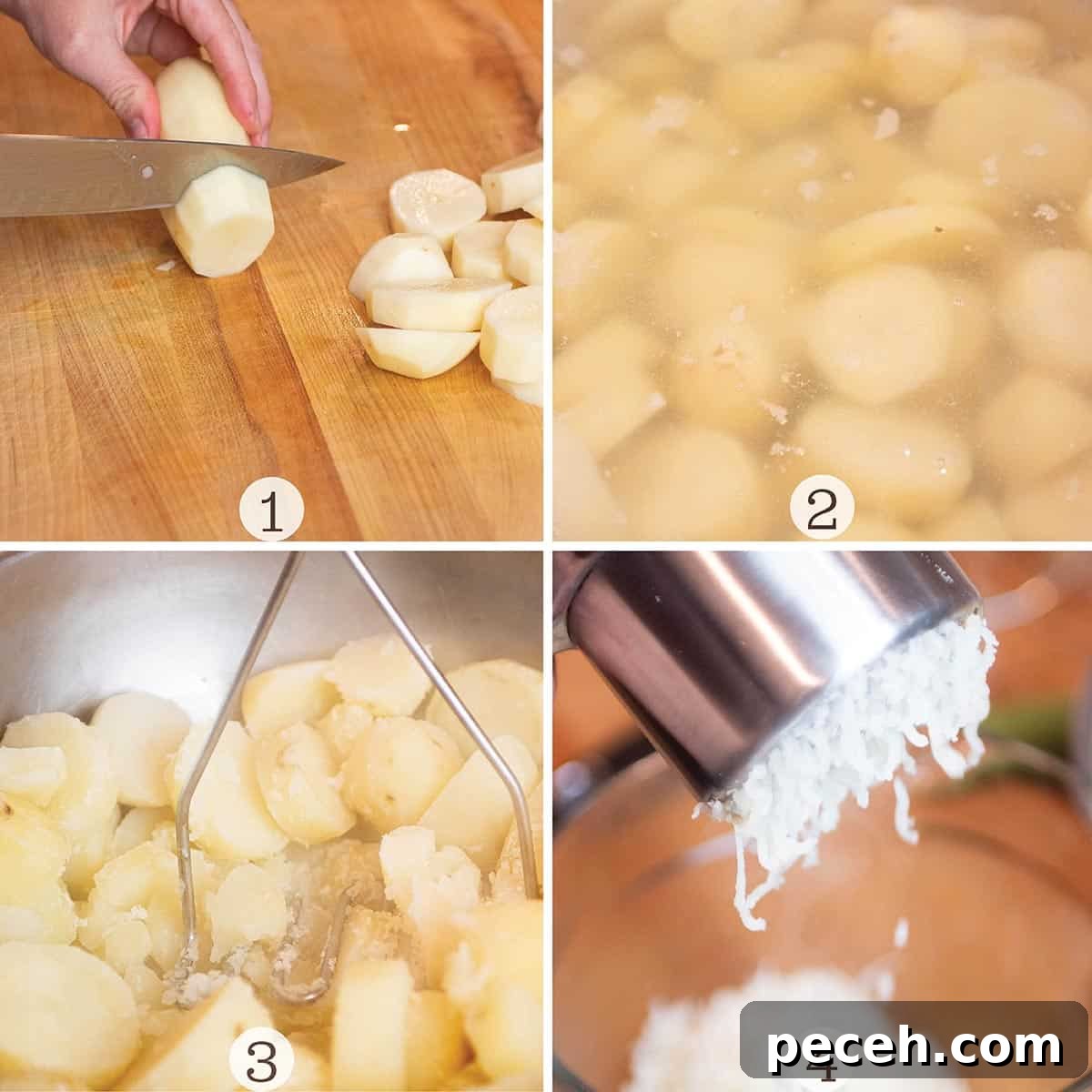 Authentic Norwegian Potato Lefse Recipe for Soft, Sweet Flatbread 4 Four images of cutting, boiling, mashing and ricing the potatoes.