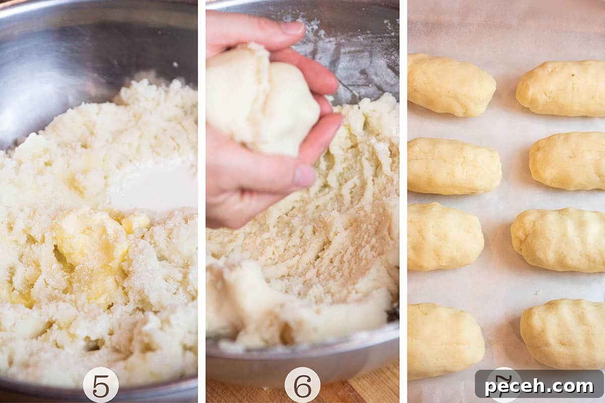 Authentic Norwegian Potato Lefse Recipe for Soft, Sweet Flatbread 5 Three images of mixing potatoes with flour and butter then rolling into logs.