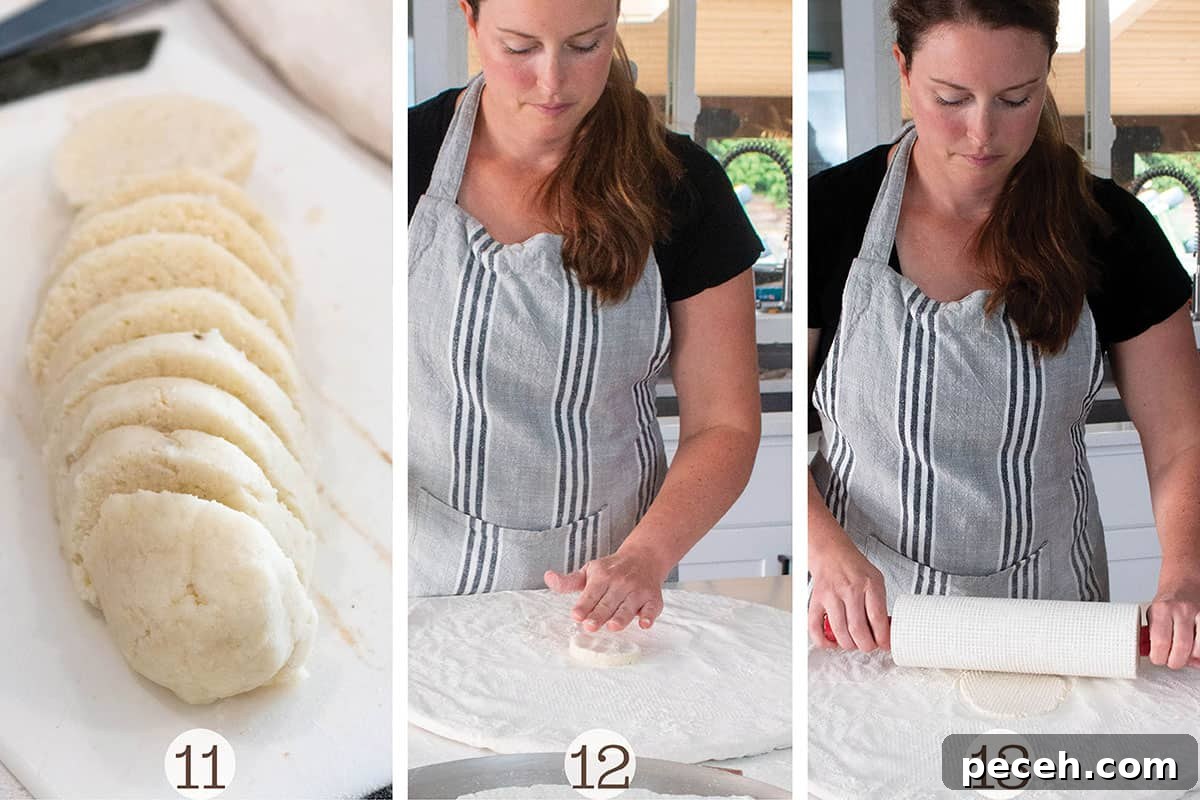 Authentic Norwegian Potato Lefse Recipe for Soft, Sweet Flatbread 7 One photo of potatoes cut into slices and then being rolled out thin.
