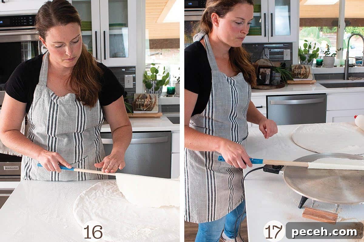 Authentic Norwegian Potato Lefse Recipe for Soft, Sweet Flatbread 9 Lefse being moved from pastry cloth to griddle.