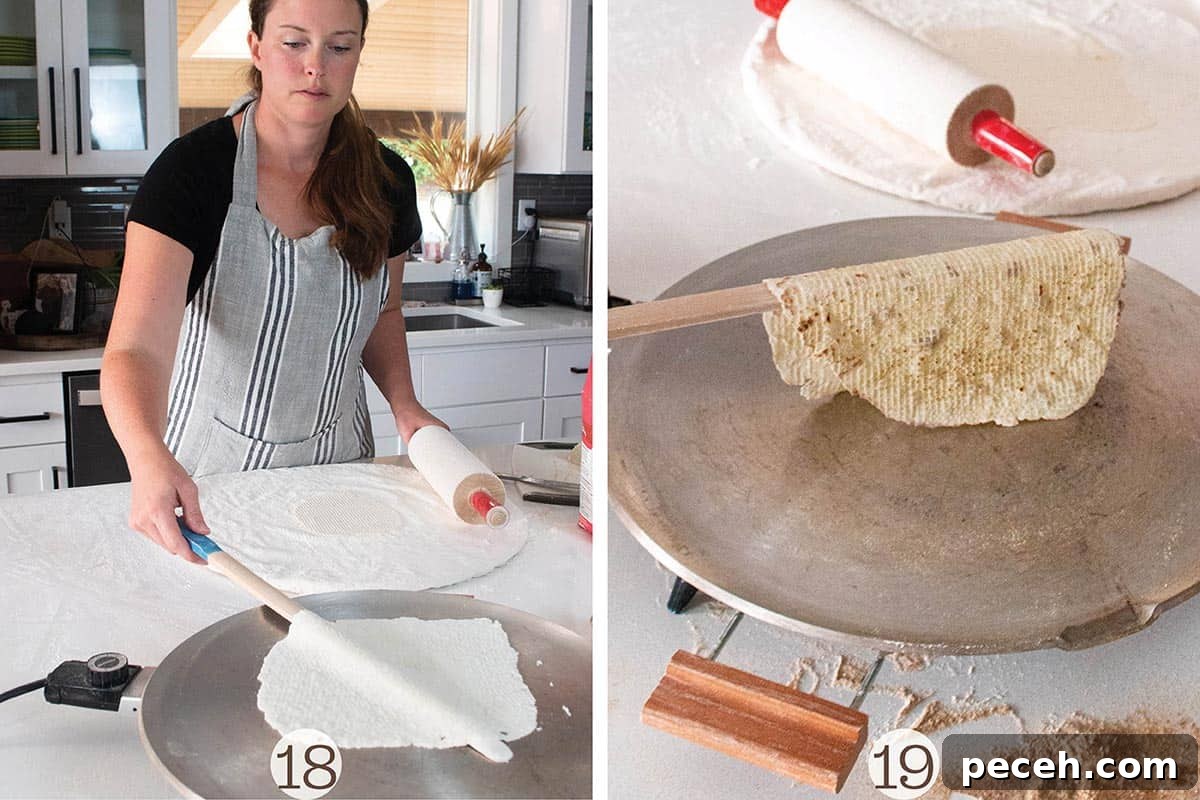 Authentic Norwegian Potato Lefse Recipe for Soft, Sweet Flatbread 10 Two photos of lefse being flipped on the griddle.