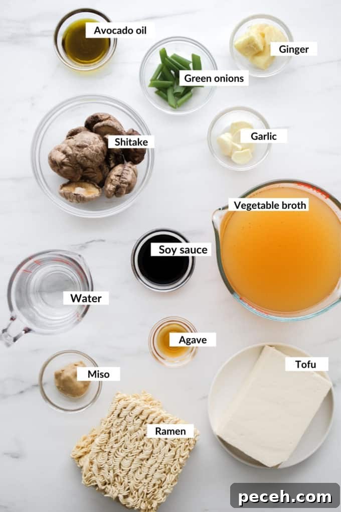 Vegan Ramen Recipe: Fast Homemade Broth and Noodles 6 A flat lay of ingredients for vegan ramen