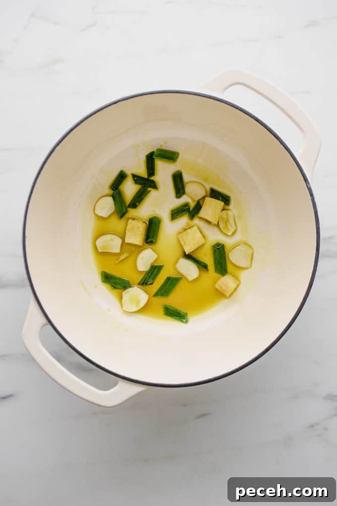 Vegan Ramen Recipe: Fast Homemade Broth and Noodles 7 Garlic, ginger and green onions in oil in a white pot
