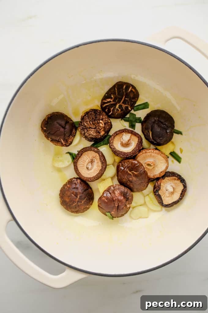 Vegan Ramen Recipe: Fast Homemade Broth and Noodles 8 Dried shitake mushrooms, garlic, ginger and green onions in a white pot