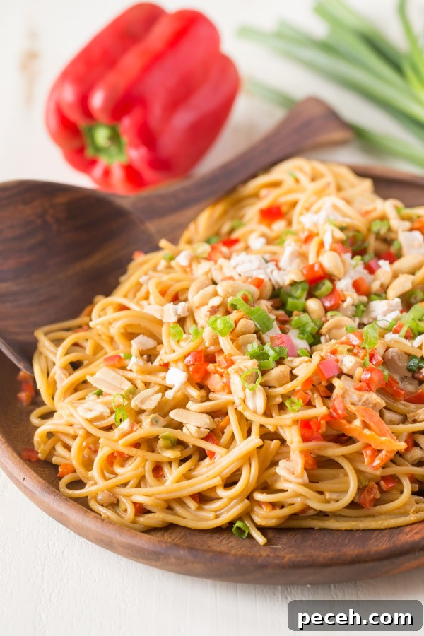 Spicy Peanut Chicken Noodles Recipe for Quick Weeknight Meals 2 Easy Spicy Peanut Noodles With Chicken on a wood serving plate with a wood serving spoon, and a whole red pepper and a bundle of green onions in the background.
