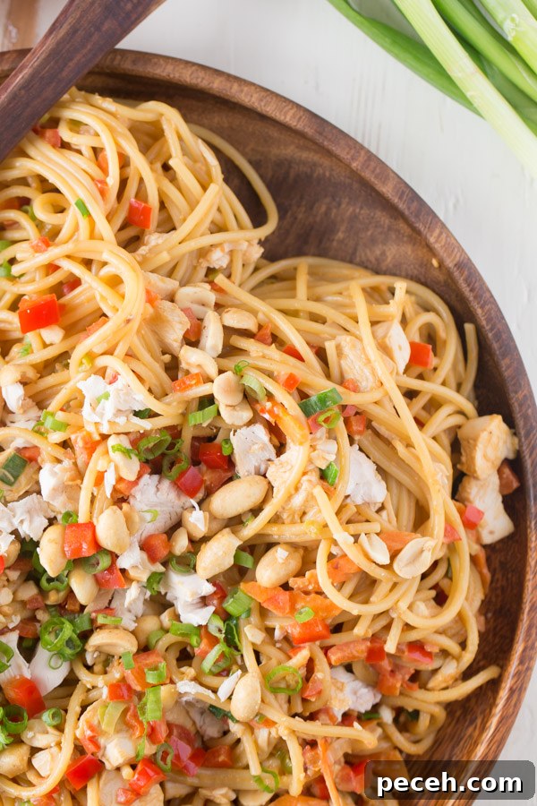Spicy Peanut Chicken Noodles Recipe for Quick Weeknight Meals 3 Easy Spicy Peanut Noodles With Chicken on a wood serving plate.