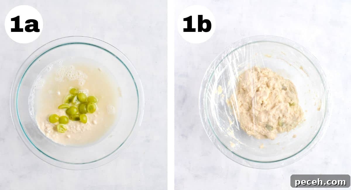 How to Make and Maintain a Sourdough Starter at Home 4 two images showing how to mix ingredients for sourdough starter with green grapes.
