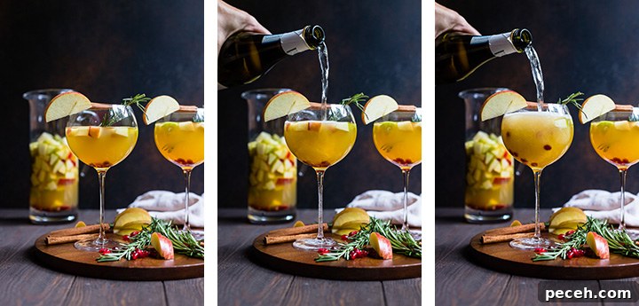 Autumn Harvest White Sangria Recipe for Cozy Fall Gatherings 4 3-part photo of pouring sparkling wine into a white sangria.