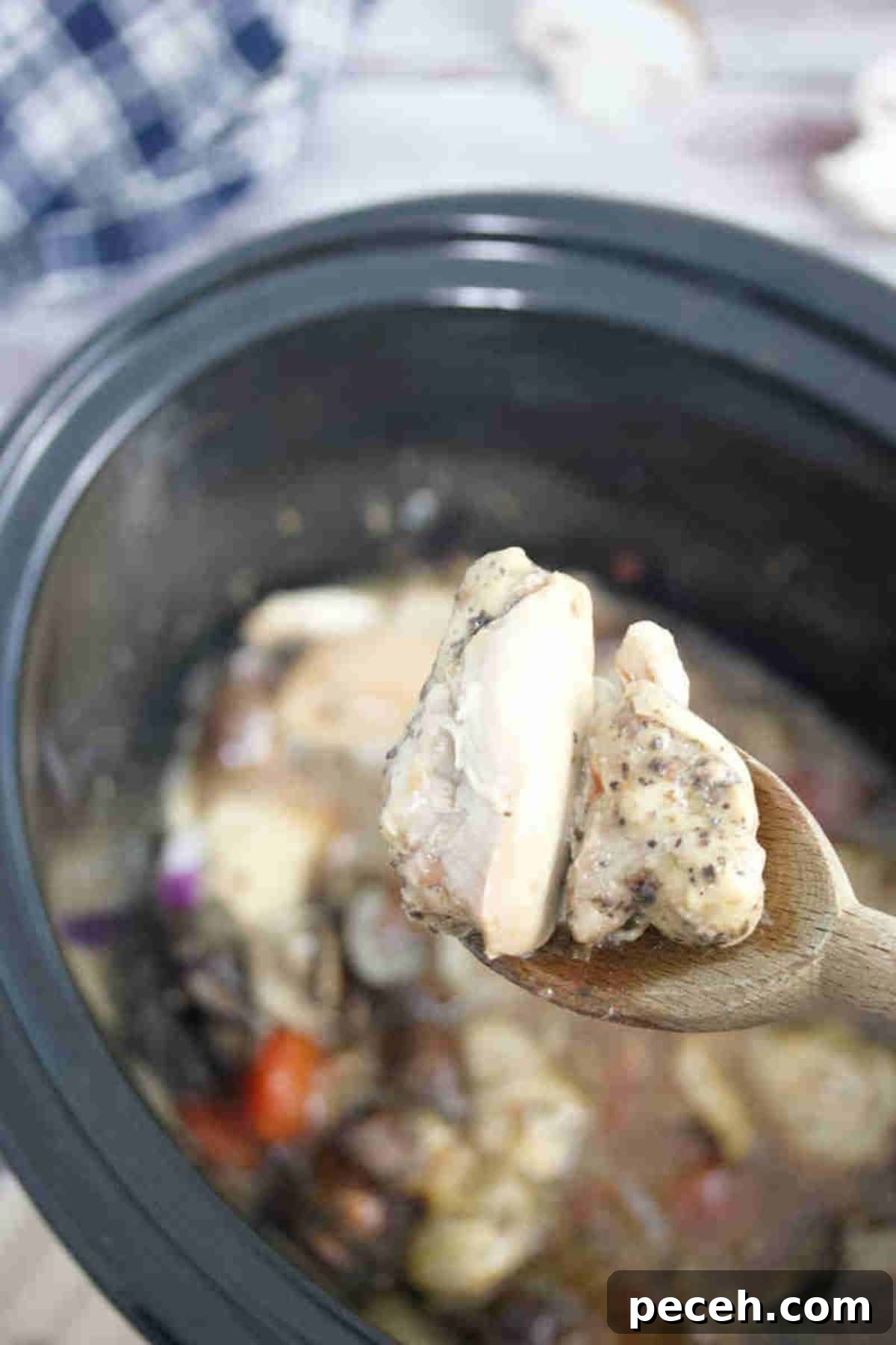 Close up shot of hunters chicken thigh on a wooden spoon over a slow cooker.