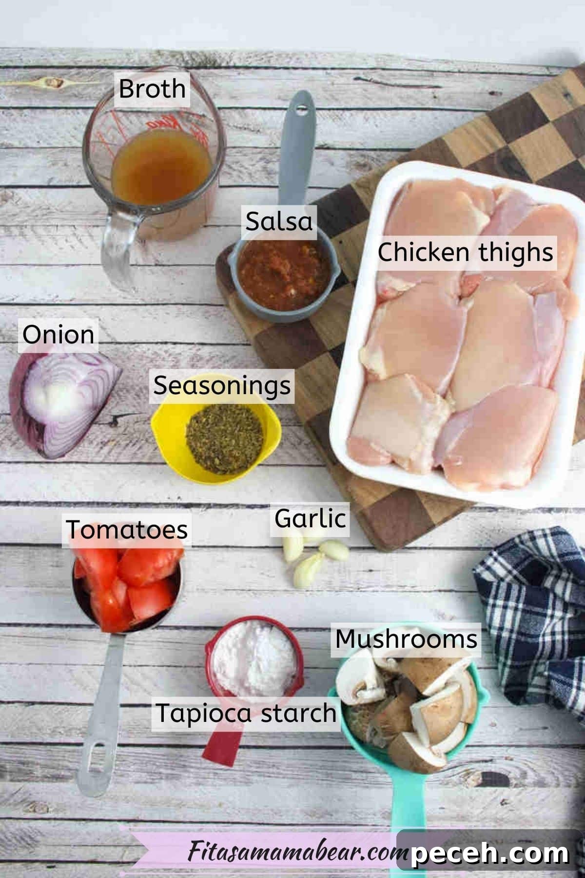 Multiple ingredients to make slow cooker chicken dinner with text labels over top of them.