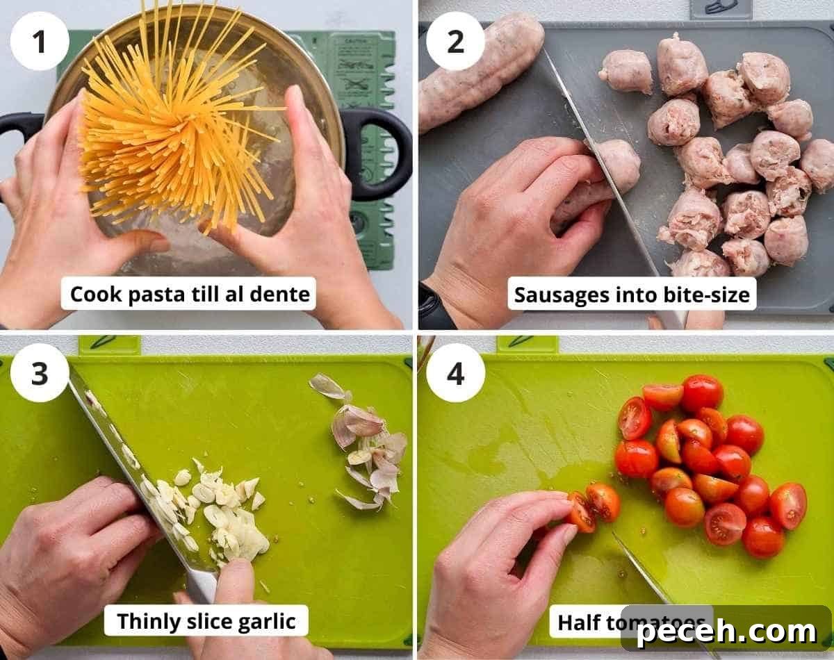 Spicy Italian Sausage Pasta Recipe for Quick Weeknight Dinners 4 4 step collage of preparing the ingredients to this dish