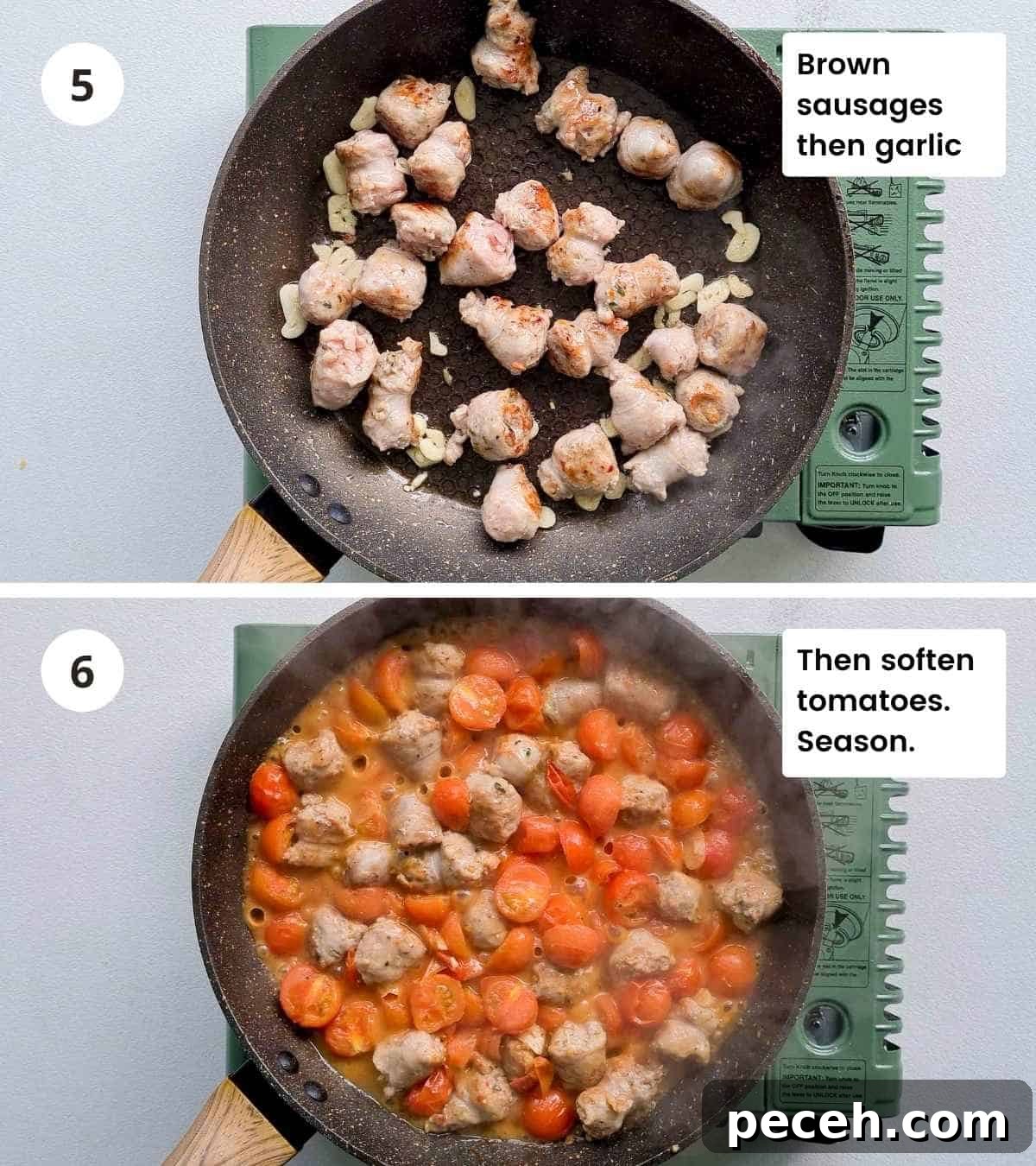 Spicy Italian Sausage Pasta Recipe for Quick Weeknight Dinners 5 2 step collage of cooking the sausage sauce
