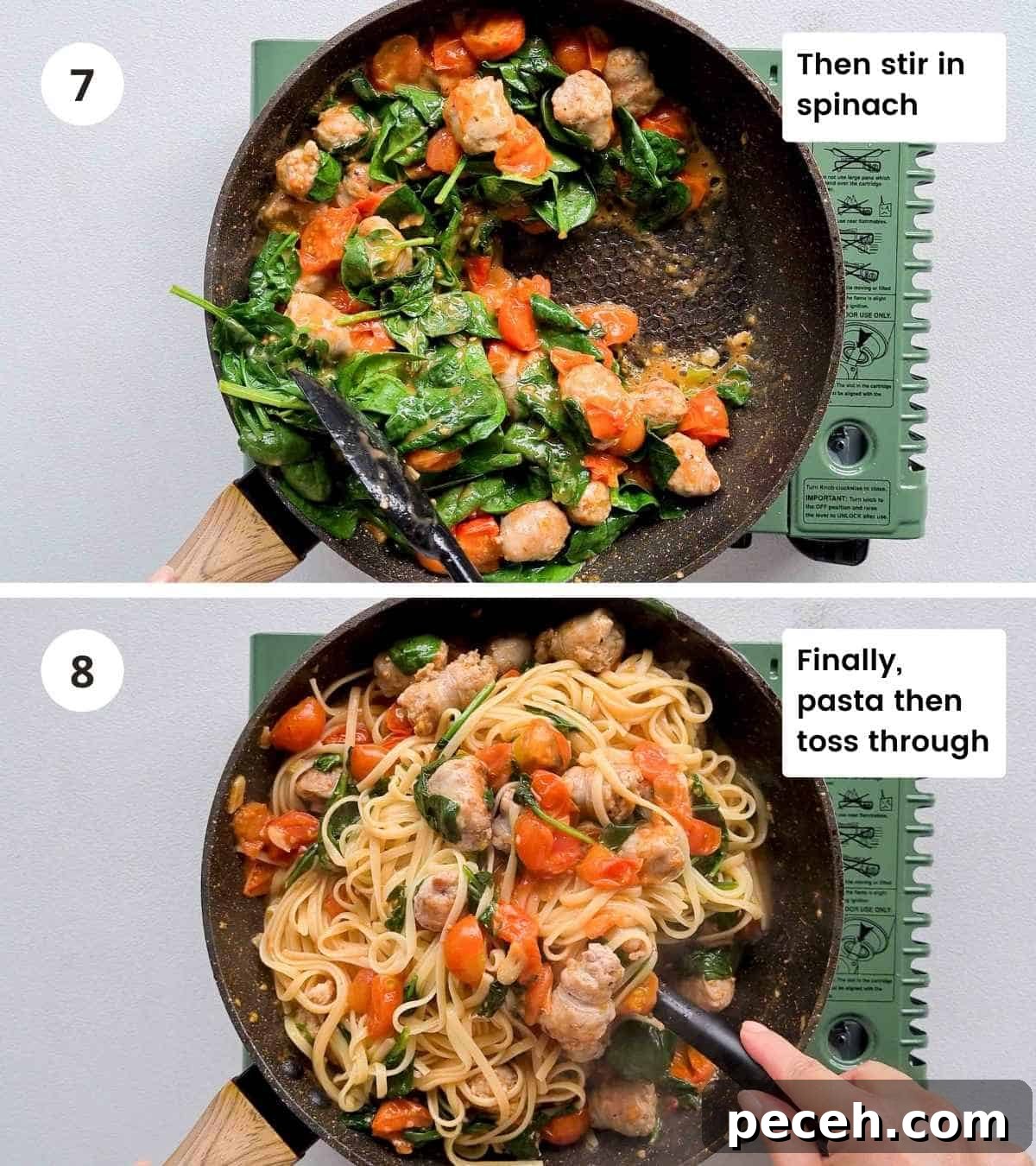 Spicy Italian Sausage Pasta Recipe for Quick Weeknight Dinners 6 2 step collage of finishing this dish