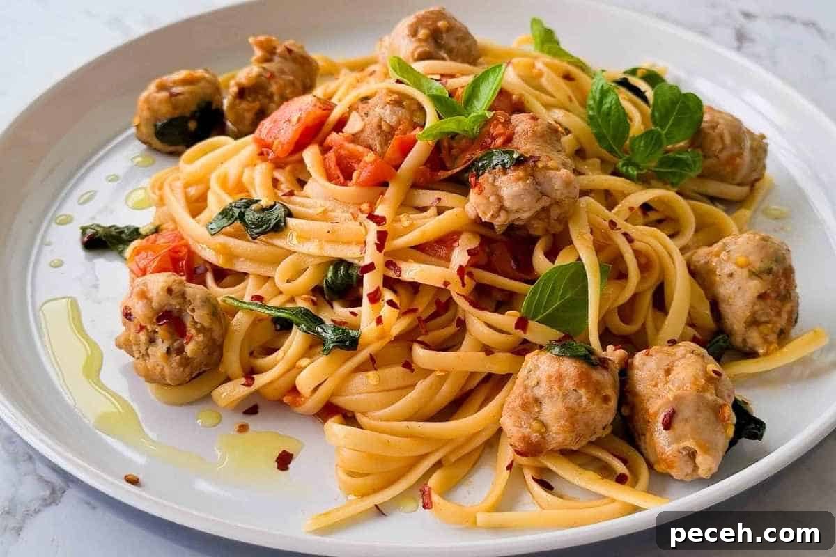 Spicy Italian Sausage Pasta Recipe for Quick Weeknight Dinners 7 A side view of a plate of sausage pasta sprinkled with chilli flakes and fresh basil leaves