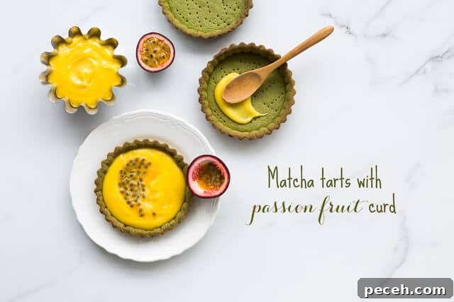Matcha Tarts with Tangy Passion Fruit Curd 2 Matcha tarts with passion fruit curd filling have a matcha cookie crust and passion fruit filling