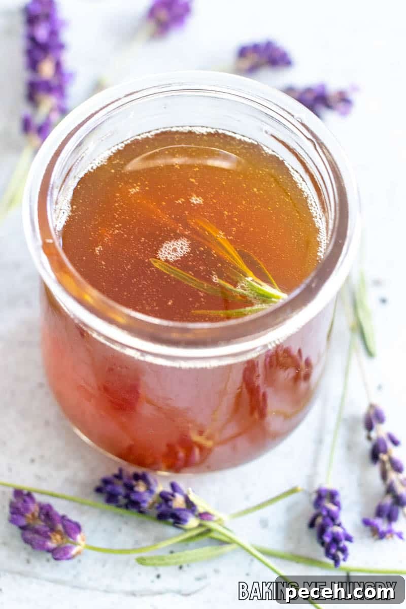 Honey Lavender Syrup Recipe for Lattes, Cocktails & Desserts 2 jar of honey lavender syrup close up