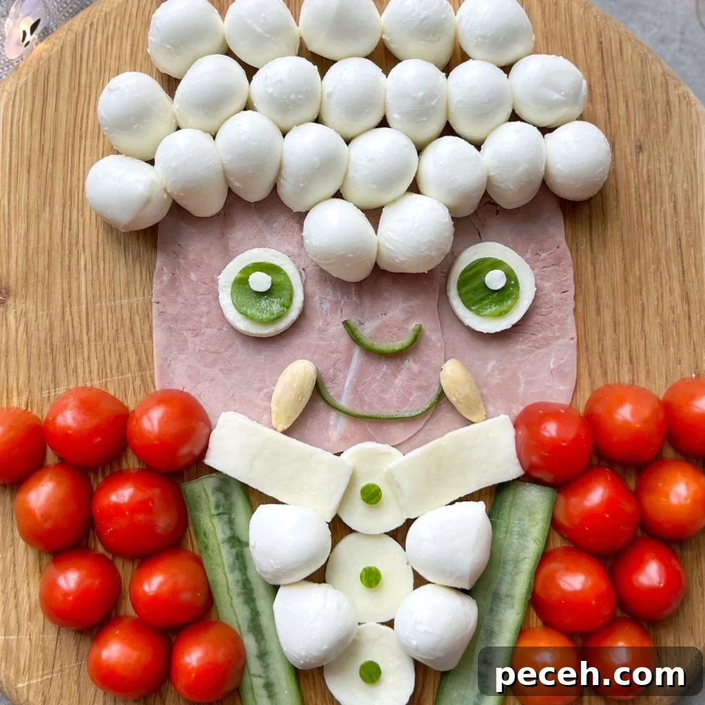Halloween Charcuterie Board Ideas for a Spooky Party 2 A playful Vampire portrait on a wooden board, using mozzarella balls for hair, ham for the face, blanched almonds for the fangs, cucumber and mozzarella for the body, and cherry tomatoes for the jacket.