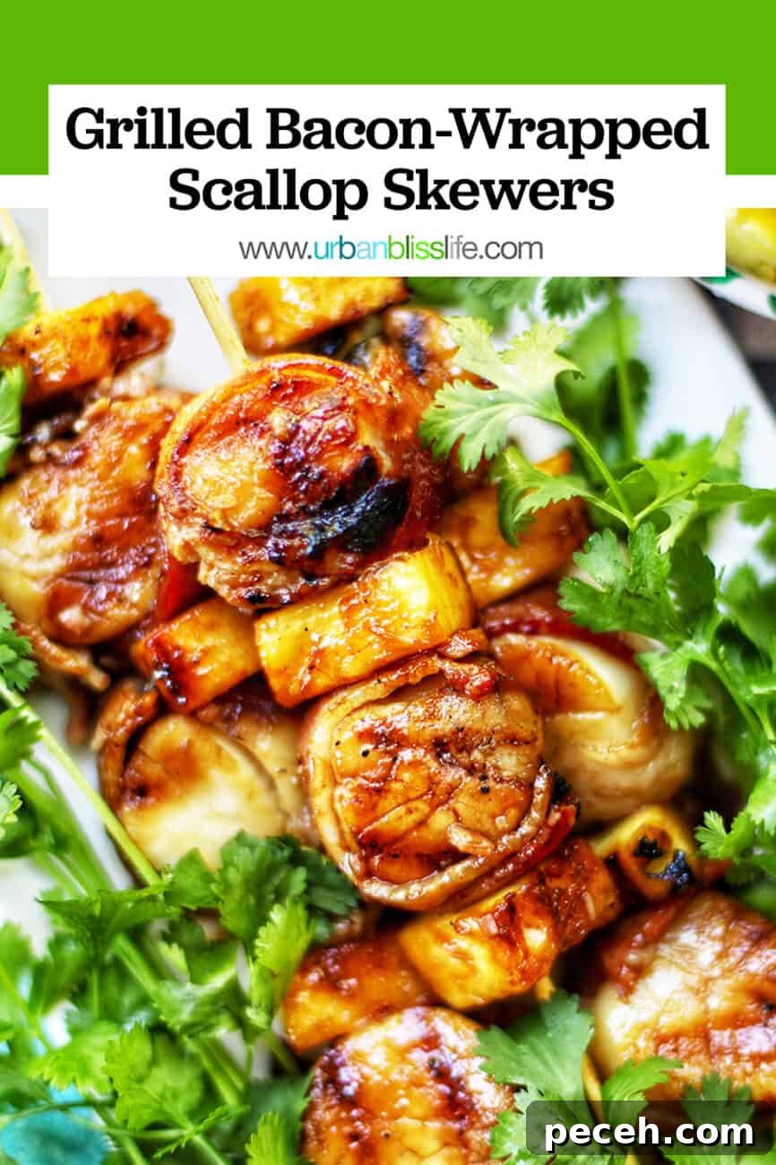 Teriyaki-Glazed Bacon-Wrapped Scallops on the Grill 7 grilled bacon-wrapped scallop skewers with pineapple and parsley and text overlay