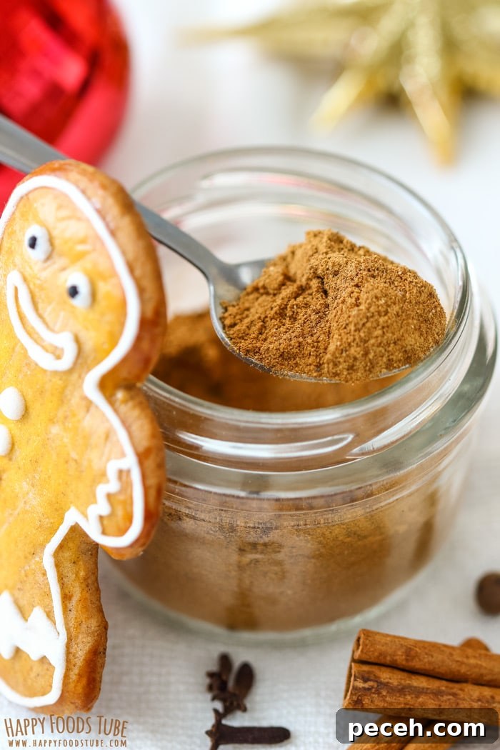 Homemade Gingerbread Spice Mix Closeup Picture Spoonful of spiced ginger mix with a smiling gingerbread man cookie on the jar.