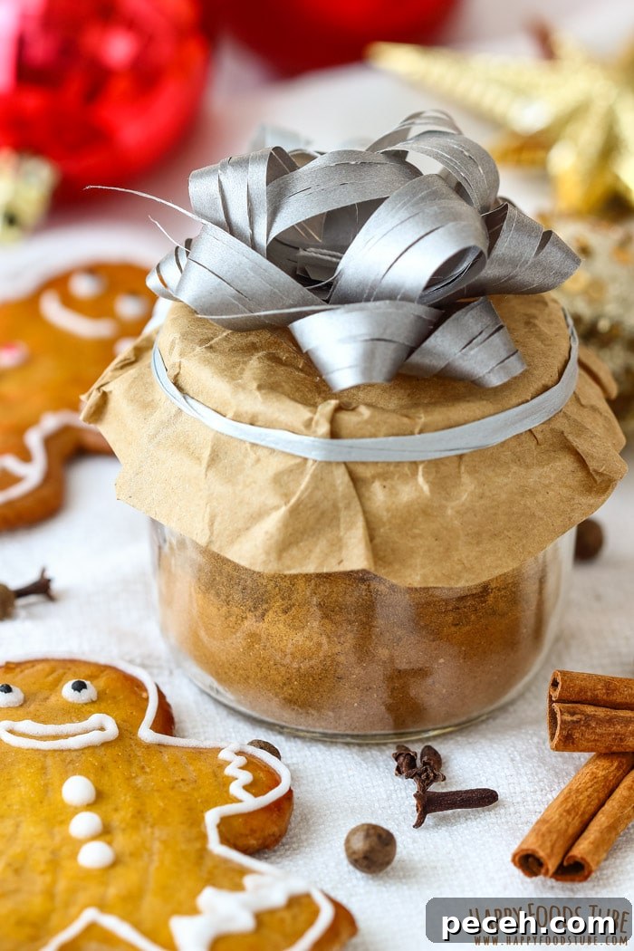 Homemade Gingerbread Spice Mix Photo Jar of homemade gingerbread spice mix wrapped in brown paper with a silver ribbon.