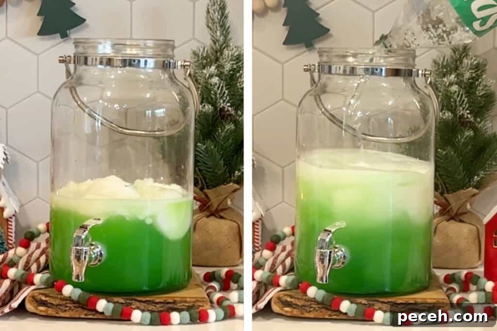 Grinch Punch Recipe: Festive Green Holiday Cocktail 4 A large glass punch jar full of sherbet, lemon lime Kool Aid, and Sprite that is bright green.