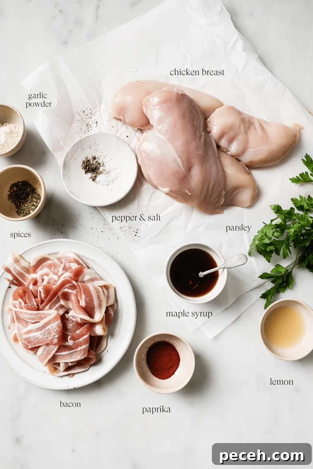 Juicy Bacon-Wrapped Chicken Breast Recipe for Dinner 3 Pre-measured ingredients on a white countertop with text overlay for each item.