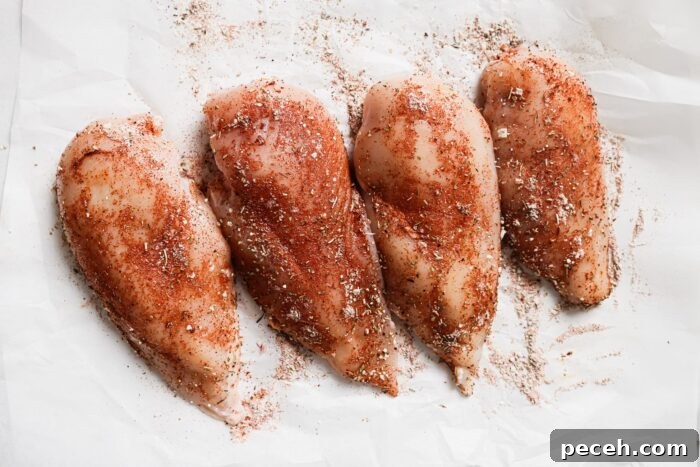 Juicy Bacon-Wrapped Chicken Breast Recipe for Dinner 4 raw chicken breast with seasonings on top.
