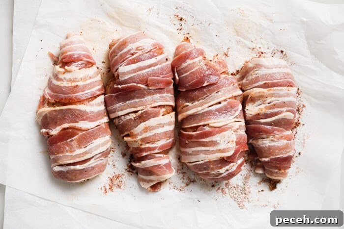 Juicy Bacon-Wrapped Chicken Breast Recipe for Dinner 5 Four Bacon Wrapped Chicken Breasts are arranged on white parchment paper, each wrapped in strips of bacon with a sprinkle of seasoning visible.