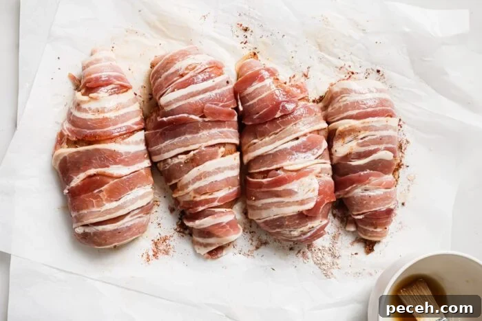 Juicy Bacon-Wrapped Chicken Breast Recipe for Dinner 7 Four Bacon Wrapped Chicken Breasts sit on white parchment paper, sprinkled with seasoning. A small bowl with a brush is visible in the lower right corner of the image, ready for basting.