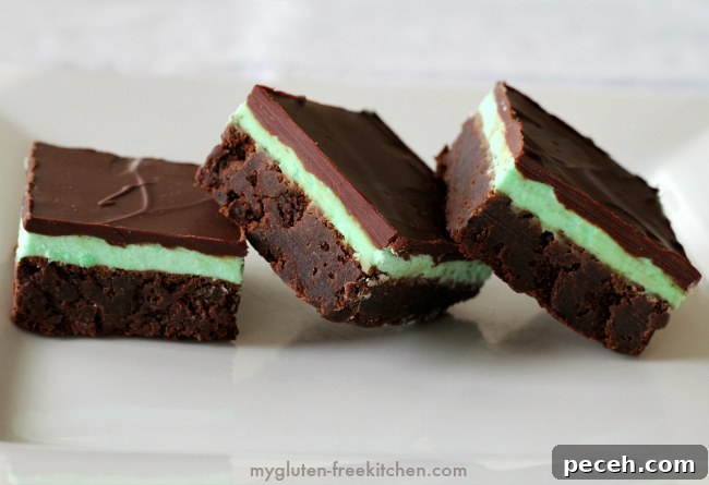 Gluten-free Mint Layered Brownies. Copycat recipe for brownies I fell in love with at a now-closed bakery. Delicious!
