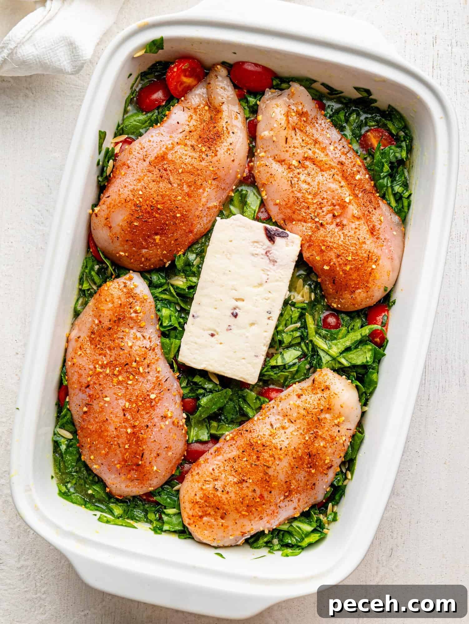 Spinach, Feta & Chicken Orzo Bake — Cheesy One-Pan Dinner 11 Chicken and Orzo Bake ready to go in the oven.