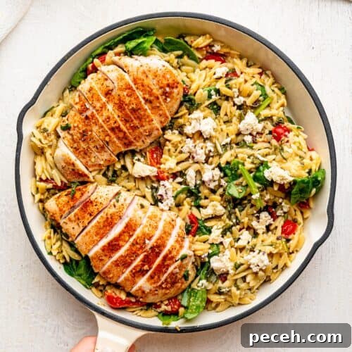 Spinach, Feta & Chicken Orzo Bake — Cheesy One-Pan Dinner 15 Chicken and Orzo Bake in a white skillet.